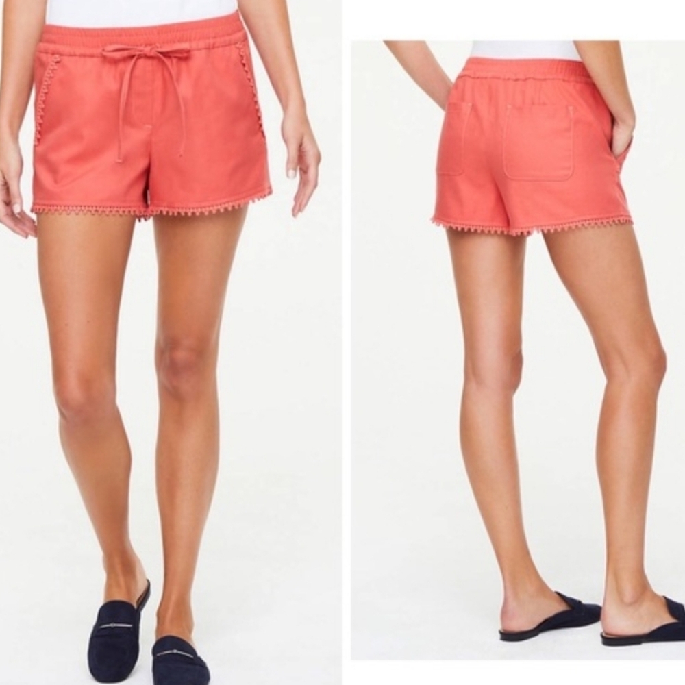 Loft Coral Pink Orange Eyelet Lace Trim Drawstring Shorts Medium NWT